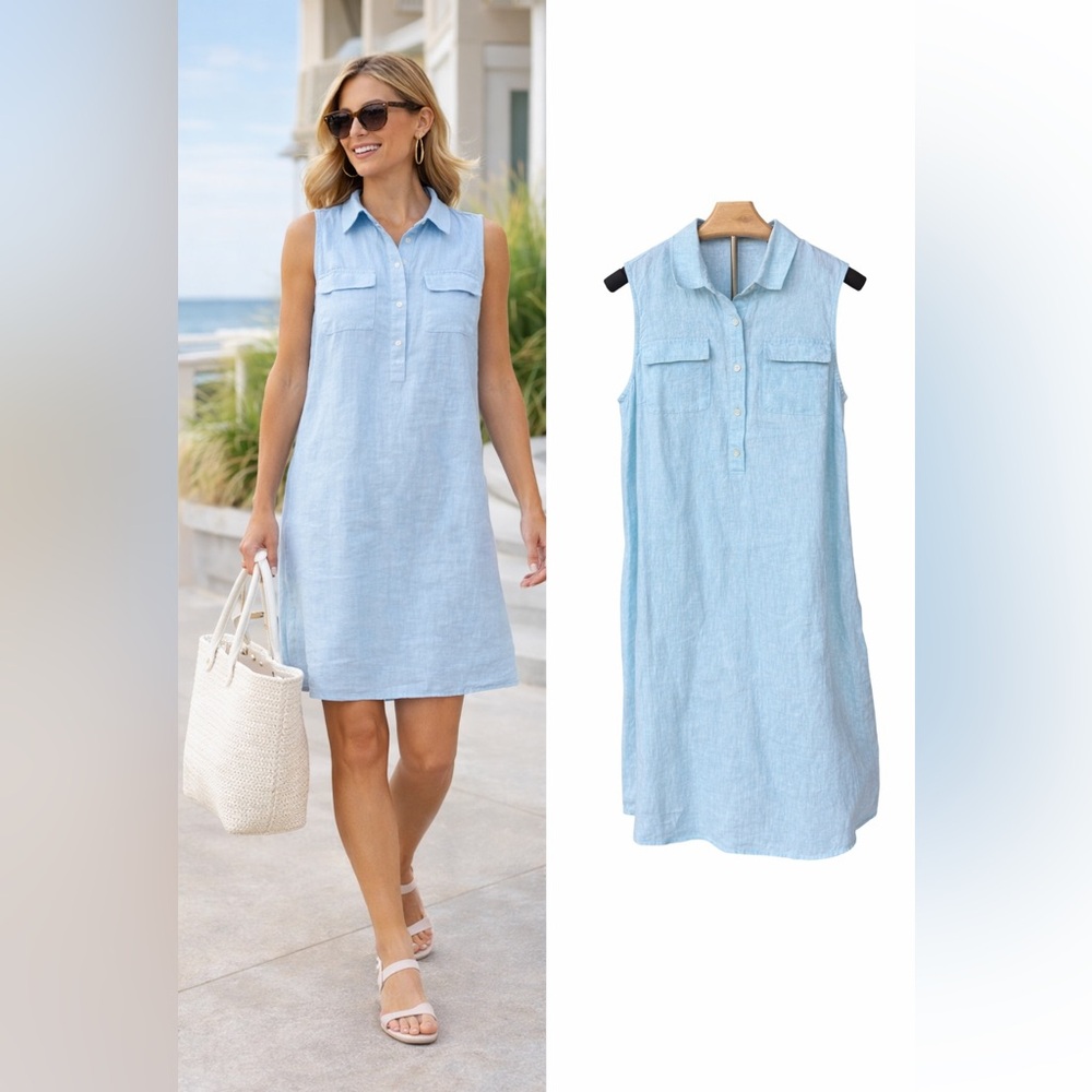 J. McLaughlin Light Blue Sleeveless Linen Shirt Dress Coverup